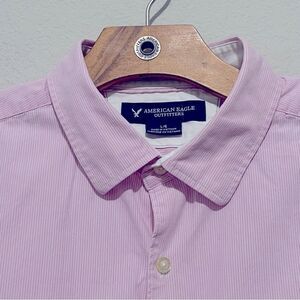American Eagle Mens Long Sleeve Button Down Pink Striped Slim Fit Shirt in Large